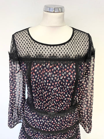 DENISE VON FURSTENBERG NAVY BLUE,BLACK RED & WHITE SPOT LACE TRIMMED DRESS SIZE 6 UK 10