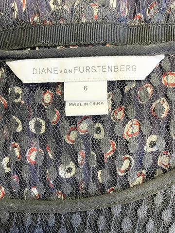DENISE VON FURSTENBERG NAVY BLUE,BLACK RED & WHITE SPOT LACE TRIMMED DRESS SIZE 6 UK 10