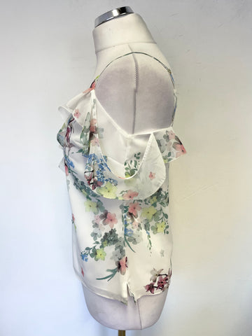 TED BAKER MEEYAH WHITE FLORAL PRINT FRILL TRIM SHOE STRING STRAP TOP SIZE 1 UK 8/10