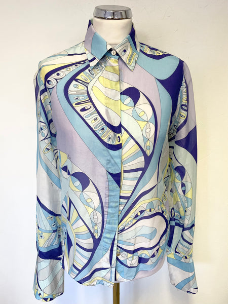 EMILIO PUCCI BLUE,WHITE,TURQUOISE, LILAC & YELLOW ABSTRACT PRINT SILK BLEND SHIRT SIZE 8