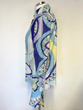 EMILIO PUCCI BLUE,WHITE,TURQUOISE, LILAC & YELLOW ABSTRACT PRINT SILK BLEND SHIRT SIZE 8