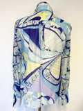 EMILIO PUCCI BLUE,WHITE,TURQUOISE, LILAC & YELLOW ABSTRACT PRINT SILK BLEND SHIRT SIZE 8