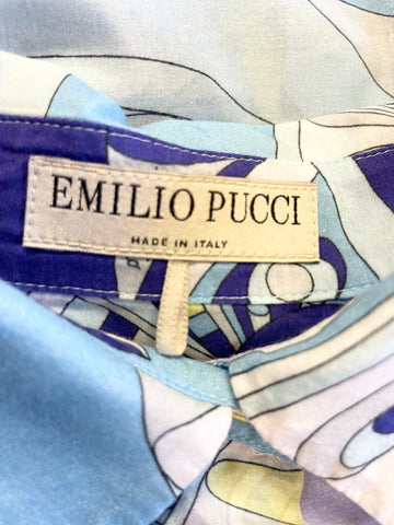 EMILIO PUCCI BLUE,WHITE,TURQUOISE, LILAC & YELLOW ABSTRACT PRINT SILK BLEND SHIRT SIZE 8