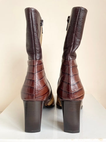BRAND NEW RUSSELL & BROMLEY NOTAPATCH BROWN PATCHWORK LEATHER & SUEDE HEELED ANKLE BOOTS SIZE 4.5/37.5