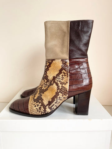 BRAND NEW RUSSELL & BROMLEY NOTAPATCH BROWN PATCHWORK LEATHER & SUEDE HEELED ANKLE BOOTS SIZE 4.5/37.5