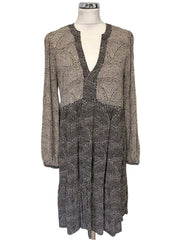 MAEVE BY ANTHROPOLOGIE BLACK & CAMEL SPOT TIERED FLARE LONG SLEEVED DRESS SIZE M