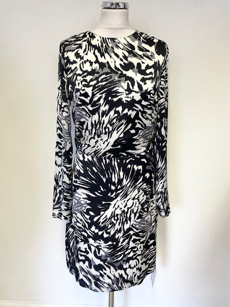 BRAND NEW DESIGNER ADAM LIPPES BLACK, WHITE & GREY PRINT LONG SLEEVED SHIFT DRESS  SIZE 6 UK 10