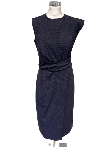 DESIGNER UNBRANDED NAVY BLUE CHECK SLEEVELESS WRAP DRESS SIZE 10