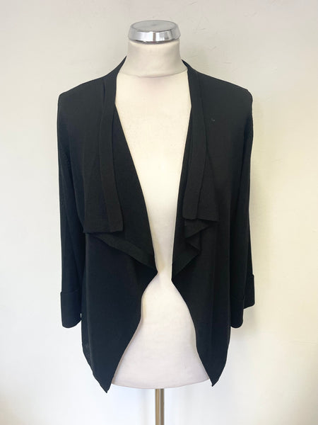 JAEGER 100% SILK BLACK FINE KNIT WATERFALL FRONT 3/4 SLEEVED CARDIGAN SIZE M