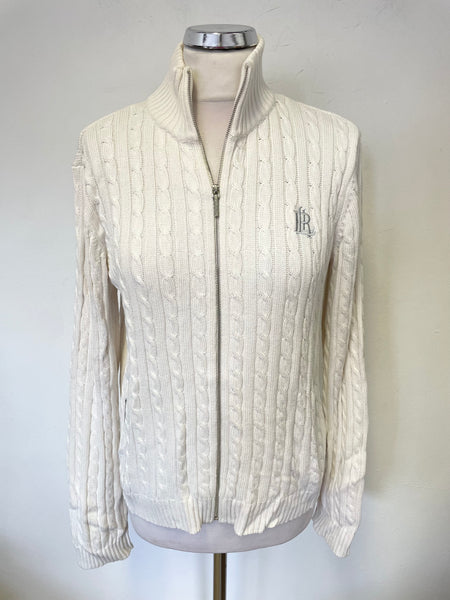 RALPH LAUREN IVORY CABLE KNIT ZIP FRONT LONG SLEEVED CARDIGAN  SIZE L