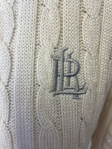RALPH LAUREN IVORY CABLE KNIT ZIP FRONT LONG SLEEVED CARDIGAN  SIZE L