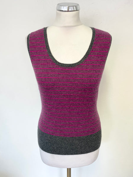 PURE COLLECTION 100% CASHMERE DEEP PINK & GREY STRIPED SLEEVELESS TANK TOP SIZE 12