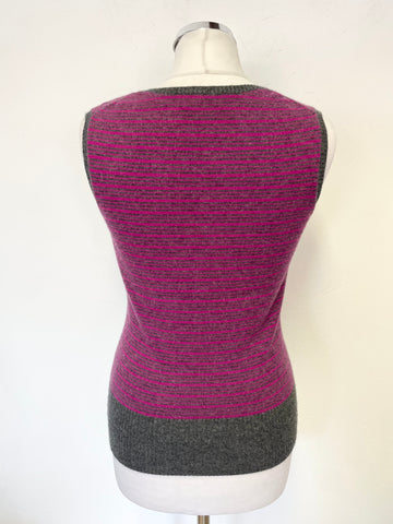PURE COLLECTION 100% CASHMERE DEEP PINK & GREY STRIPED SLEEVELESS TANK TOP SIZE 12