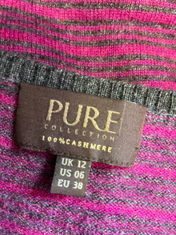 PURE COLLECTION 100% CASHMERE DEEP PINK & GREY STRIPED SLEEVELESS TANK TOP SIZE 12
