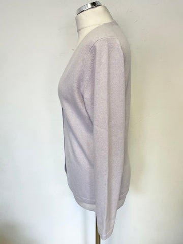 PURE COLLECTION PALE LILAC 100% CASHMERE V NECKLINE LONG SLEEVED CARDIGAN  SIZE 14