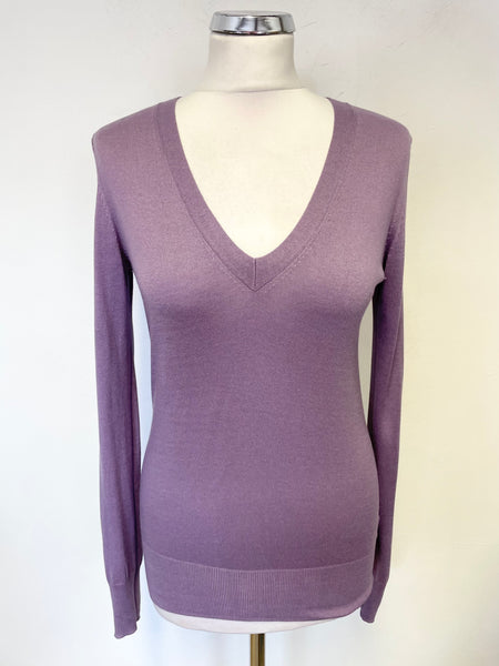 MASSIMO DUTTI LILAC SILK & CASHMERE FINE KNIT V NECK LONG SLEEVED JUMPER SIZE M