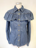 PHILOSOPHY DI LORENZO SERAFINI BLUE DENIM FRILLED LONG SLEEVED SHIRT SIZE 8
