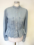FRAME ROWAN DENIM PALE BLUE PEPLUM FRILL HEM LONG SLEEVED TOP SIZE S