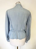 FRAME ROWAN DENIM PALE BLUE PEPLUM FRILL HEM LONG SLEEVED TOP SIZE S