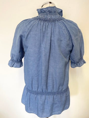 M.I.H JEANS BLUE FRILL NECK SHORT SLEEVE TOP SIZE S