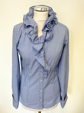 THE SHIRT COMPANY BLUE & WHITE STRIPE RUFFLE NECK LONG SLEEVED FITTED SHIRT SIZE 10