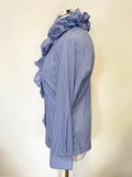 THE SHIRT COMPANY BLUE & WHITE STRIPE RUFFLE NECK LONG SLEEVED FITTED SHIRT SIZE 10