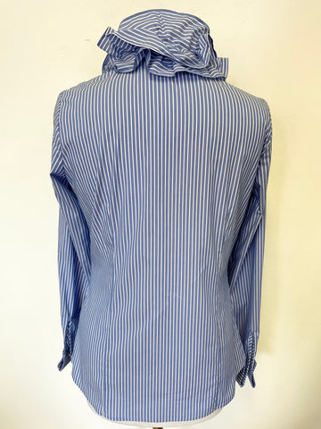 THE SHIRT COMPANY BLUE & WHITE STRIPE RUFFLE NECK LONG SLEEVED FITTED SHIRT SIZE 10