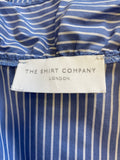 THE SHIRT COMPANY BLUE & WHITE STRIPE RUFFLE NECK LONG SLEEVED FITTED SHIRT SIZE 10