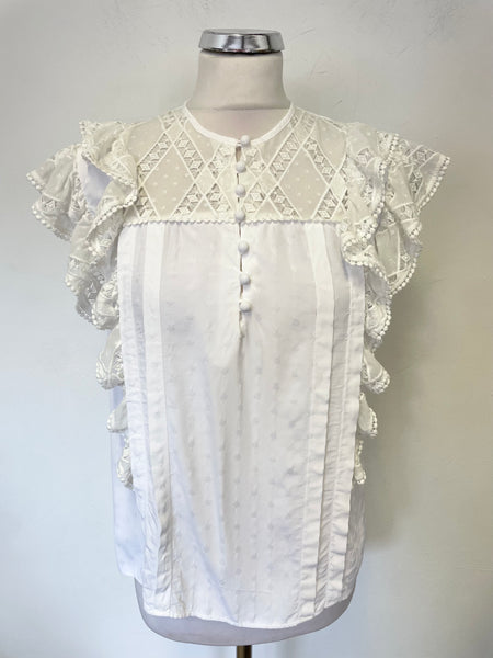 SANDRO WHITE LACE FRILL TRIMMED CAP SLEEVE TOP SIZE 1 UK 8/10