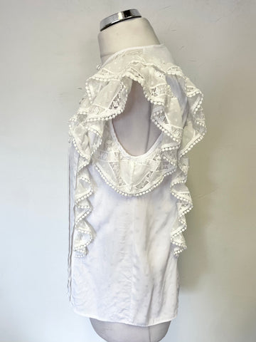 SANDRO WHITE LACE FRILL TRIMMED CAP SLEEVE TOP SIZE 1 UK 8/10