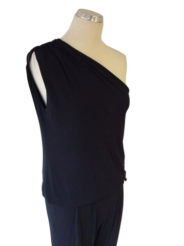 GORGEOUS COUTURE BLACK ONE SHOULDER STRETCH JERSEY JUMPSUIT SIZE M