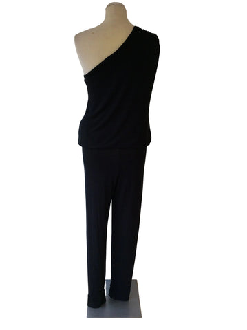 GORGEOUS COUTURE BLACK ONE SHOULDER STRETCH JERSEY JUMPSUIT SIZE M