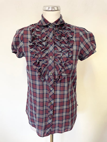 RALPH LAUREN BURGUNDY & DARK BLUE TARTAN FRILL FRONT SHORT SLEEVED SHIRT SIZE S