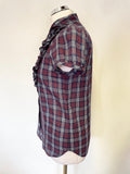 RALPH LAUREN BURGUNDY & DARK BLUE TARTAN FRILL FRONT SHORT SLEEVED SHIRT SIZE S