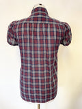 RALPH LAUREN BURGUNDY & DARK BLUE TARTAN FRILL FRONT SHORT SLEEVED SHIRT SIZE S