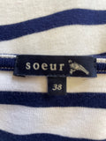 SOEUR 100% COTTON NAVY & WHITE STRIPE 3/4 SLEEVED TOP SIZE 38 UK 10
