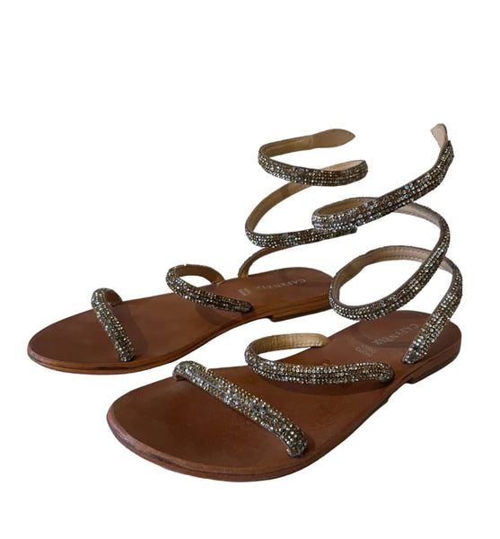 CAFENOIR RHINESTONE ENCRUSTED TAN LEATHER WRAP AROUND LEG FLAT SANDALS SIZE 6/39