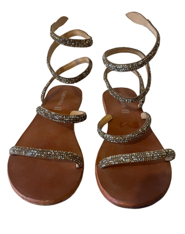 CAFENOIR RHINESTONE ENCRUSTED TAN LEATHER WRAP AROUND LEG FLAT SANDALS SIZE 6/39