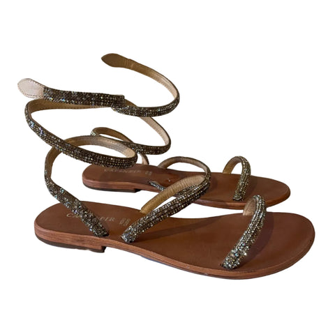 CAFENOIR RHINESTONE ENCRUSTED TAN LEATHER WRAP AROUND LEG FLAT SANDALS SIZE 6/39