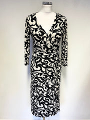 PHASE EIGHT BLACK & WHITE SCROLL PRINT 3/4 SLEEVE WRAP DRESS SIZE 10