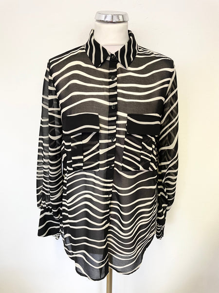 MINT VELVET BLACK & IVORY PRINT LONG SLEEVED BLOUSE SIZE 12