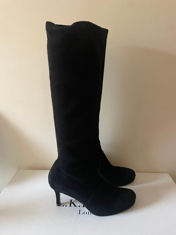 LK BENNETT SYLVIE BLACK STRETCH SUEDE KNEE LENGTH BOOTS SIZE 5/38