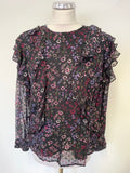 REISS FAIZA BLACK FLORAL PRINT RUFFLE TRIM LONG SLEEVED TOP SIZE 12