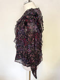 REISS FAIZA BLACK FLORAL PRINT RUFFLE TRIM LONG SLEEVED TOP SIZE 12