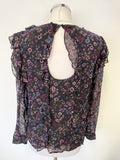 REISS FAIZA BLACK FLORAL PRINT RUFFLE TRIM LONG SLEEVED TOP SIZE 12