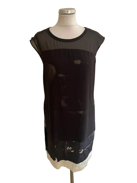 ALL SAINTS NISIA RESONATE SILK MIX BLACK & IVORY LAYERED SHIFT DRESS  SIZE 10