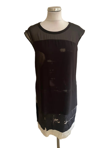 ALL SAINTS NISIA RESONATE SILK MIX BLACK & IVORY LAYERED SHIFT DRESS  SIZE 10