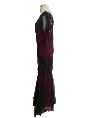 UNBRANDED BURGUNDY & BLACK NET OVERLAY EVENING DRESS SIZE 16