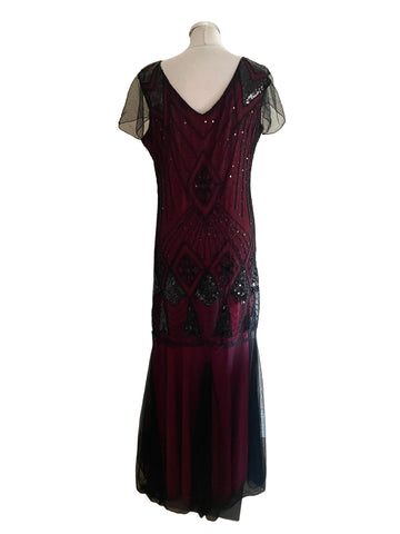 UNBRANDED BURGUNDY & BLACK NET OVERLAY EVENING DRESS SIZE 16