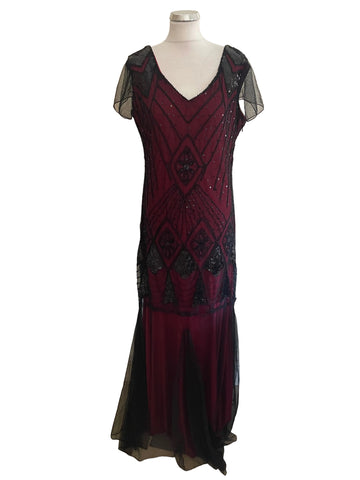 UNBRANDED BURGUNDY & BLACK NET OVERLAY EVENING DRESS SIZE 16